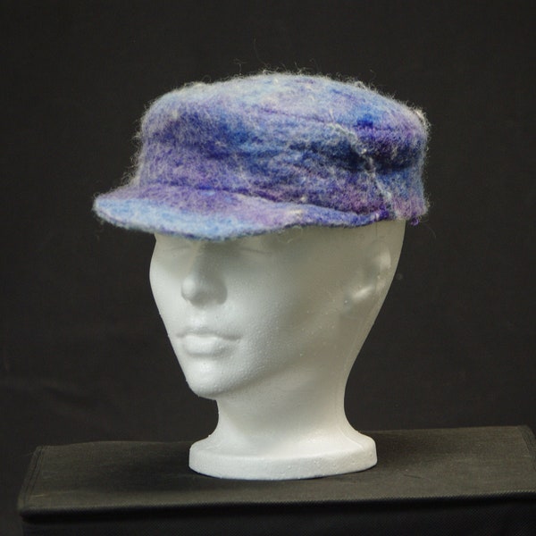Blue & Mauve Felted Wool Hat, Artisan Design with Blanket Stitch