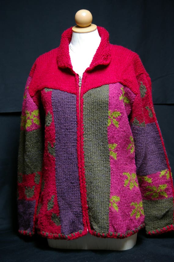 Vintage Folk Art Knitted Wool Sweater Jacket