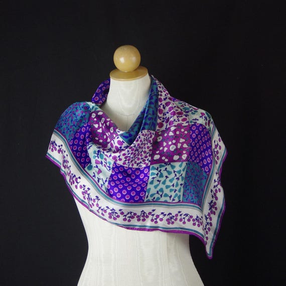 Patchwork Pattern Scarf Vintage Square Teal Purpl… - image 2