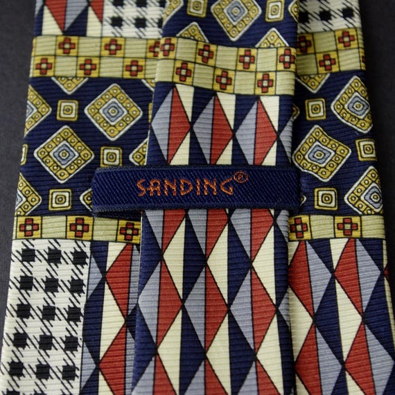 Patchwork Design Necktie Navy Rust Beige Lined Si… - image 5