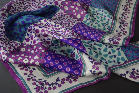 Patchwork Pattern Scarf Vintage Square Teal Purpl… - image 3