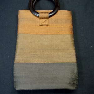 Silk Hand Bag Copper Brown Horizontal Striped Purse Thai Silk with Wooden Handles Boho Formal Wear