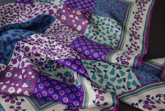 Patchwork Pattern Scarf Vintage Square Teal Purpl… - image 4