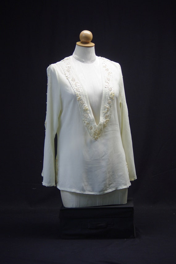 Creamy Sheer Embroidered Blouse, Shell Button Det… - image 1