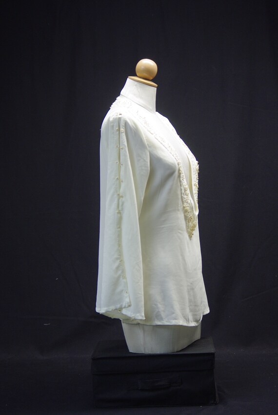 Creamy Sheer Embroidered Blouse, Shell Button Det… - image 3