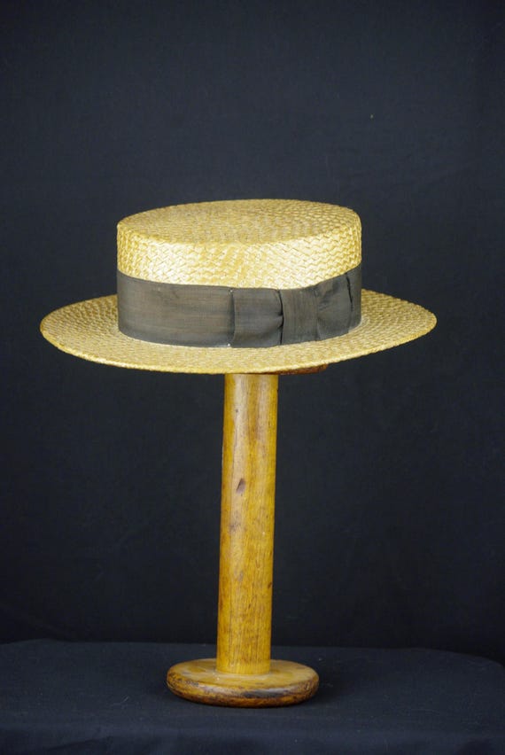 Straw Boat Hat 1920 Rare Find Size 7 Wide Brown Ribbon  display picture 1