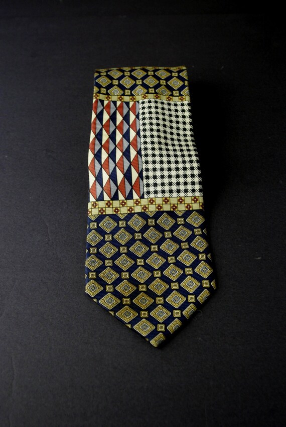 Patchwork Design Necktie Navy Rust Beige Lined Si… - image 1