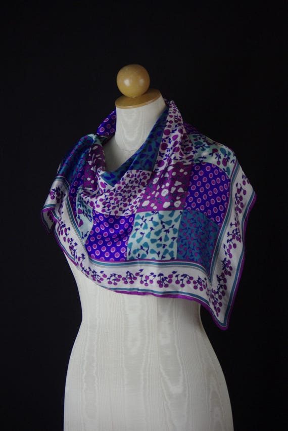 Patchwork Pattern Scarf Vintage Square Teal Purpl… - image 1