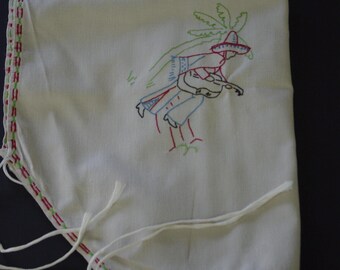 Tablecloth Card Games 33" x 33" Embroidered Mexican Motif Beige Cotton Red Green Details Corner Ties