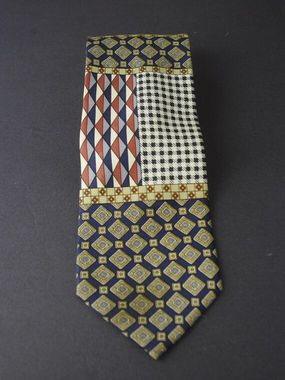 Patchwork Design Necktie Navy Rust Beige Lined Si… - image 2