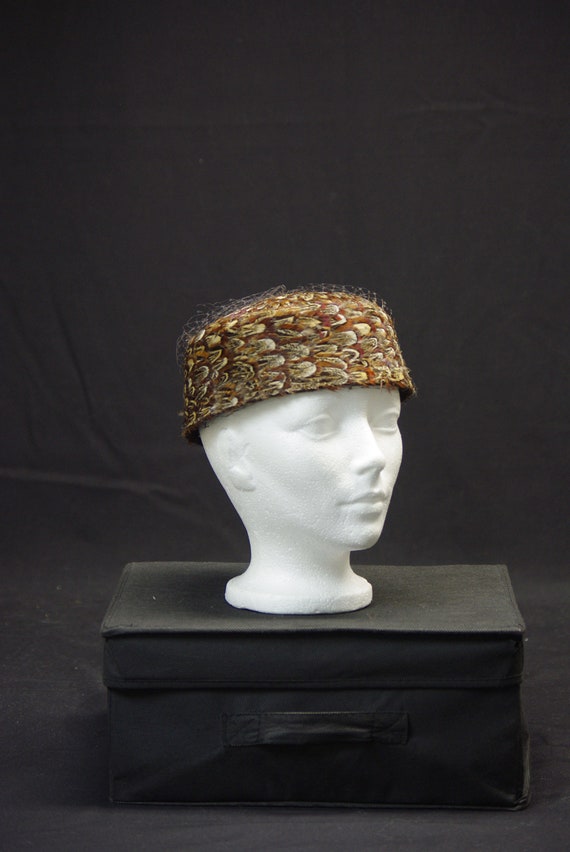 Brown Feather Pill Box Hat, Liz Claiborne Wool