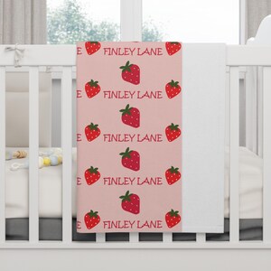 Pink Strawberry Name Blanket, Personalized Strawberry Blanket, Name Blanket for Girl, Cute Kids Nursery Decor, Gift For Baby Girl, Fruit