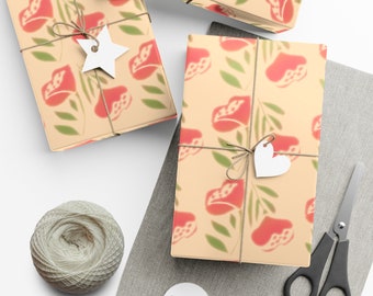 May include: Three gift boxes wrapped in a floral patterned paper with red flowers and green leaves. The boxes are tied with twine and decorated with white paper stars and hearts.
