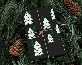 Gift Wrap Rolls - Bat Filled Christmas Trees - Gothic Gift Wrap for Friends - Gothic Christmas Gifts - Black Christmas Wrapping Paper Rolls