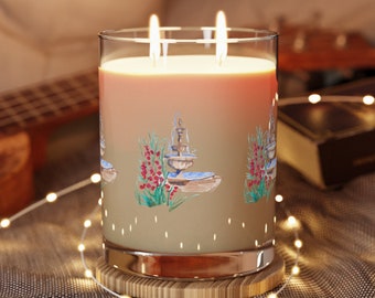 Scented Candle - Full Glass, 11oz - Italian Wishing Fountain With Red and Pink Poppies