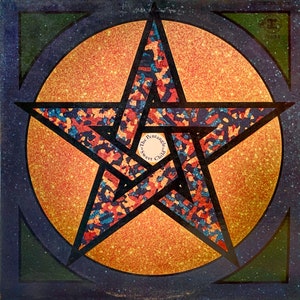 May include: A vintage record album cover featuring a five-pointed star with a glittery orange background. The star is outlined in black and has a red, blue, and orange pattern. The text "The Pentangle Sweet Child" is written in a circle inside the star.