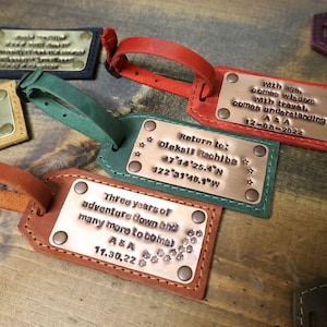 Personalized Leather Luggage Tag: Brass & Copper Plate, Handmade in USA