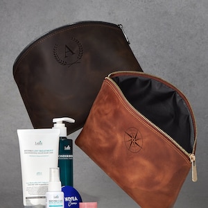 Personalized Leather Makeup Bag, Bridesmaid Gift, Cosmetics Clutch