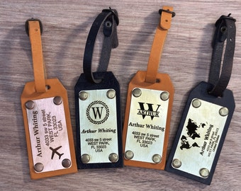 Luggage tags personalized with brass plates, Leather luggage tags engraving with copper plates, luggage tags wedding favors, Custom Gifts