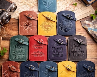 Etiqueta de equipaje de cuero personalizada, etiqueta con nombre personalizado, regalo de viaje, regalo para padrinos de boda, recuerdo de boda, etiqueta estampada en caliente