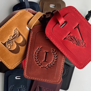 Personalized Leather Luggage Tag: Custom Engraved Monogram Travel ID