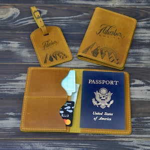 Porta pasaporte personalizado y etiqueta de equipaje, Etiquetas de equipaje personalizadas, Regalos de viaje para hombres, Accesorios de cuero para él, Cartera para pasaporte