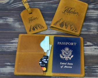 Personalized Leather Passport Holder & Luggage Tag Set, Wooden Gifts Box