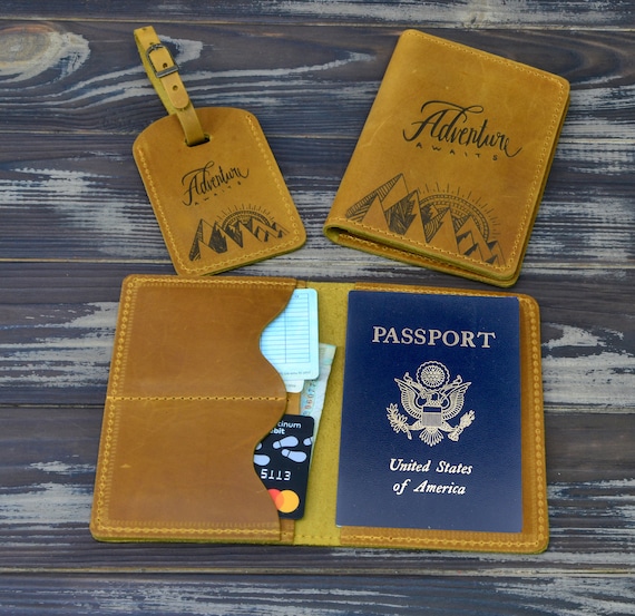 Personalized Leather Passport Holder & Luggage Tag Set, Wooden Gifts Box