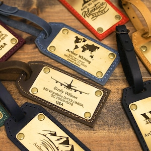 Luggage tags personalized with brass plates, groomsmen gifts, Leather luggage tags engraving, luggage tags wedding favors, Custom Gifts