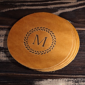 Custom Leather Coaster Set: Laser Engraved Monogram, Set of 4