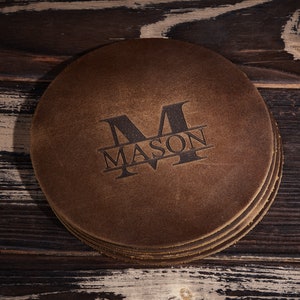 Personalized Leather Coasters Set of 4, Company Gift, Monogram Coaster, Custom Leather Coasters