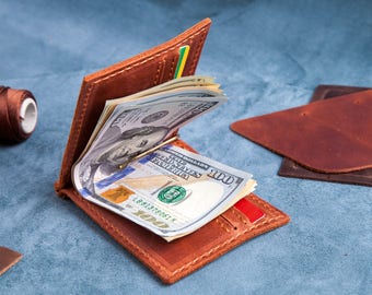 May include: A brown leather wallet with a money clip and a stack of US dollar bills inside. The wallet is open and the bills are visible. The wallet is on a blue surface.