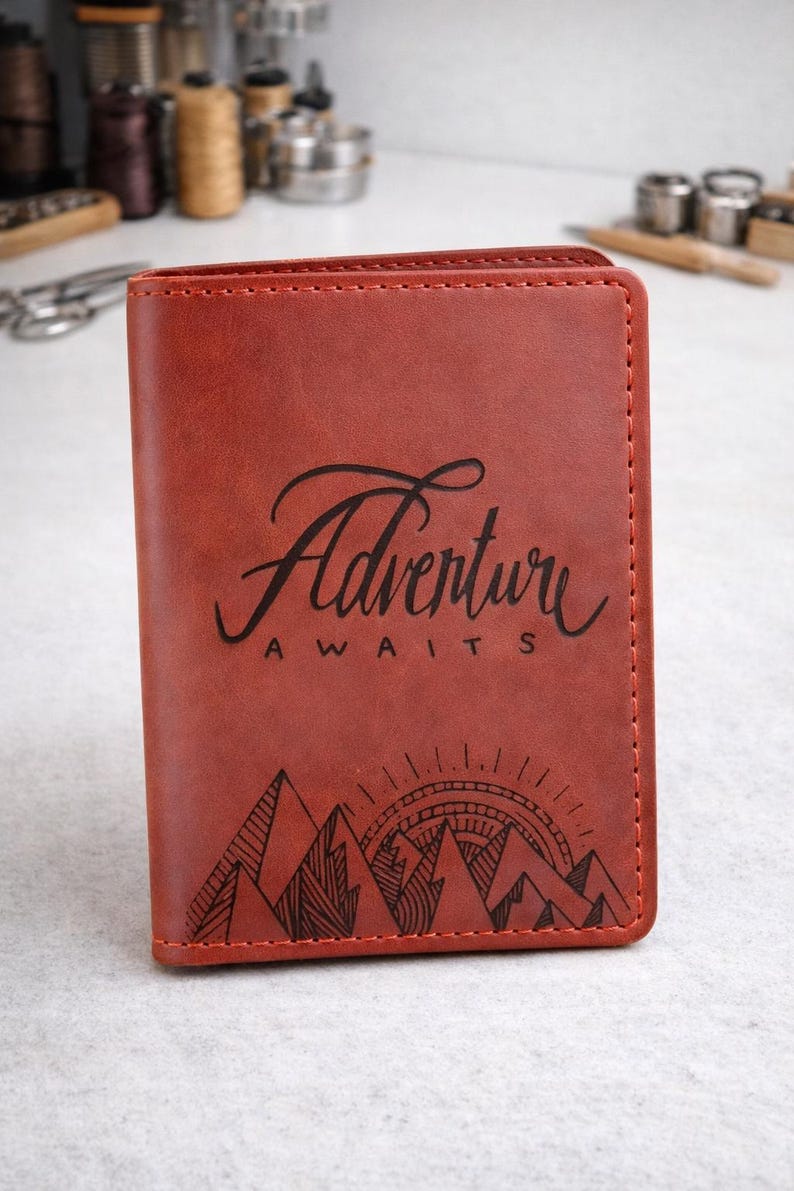 Puede incluir: Un portapasaportes rectangular de color &oacute;xido con un grabado marr&oacute;n oscuro. El texto "Adventure AWAITS" est&aacute; centrado sobre una ilustraci&oacute;n gr&aacute;fica de picos monta&ntilde;osos y un sol naciente con l&iacute;neas radiantes.