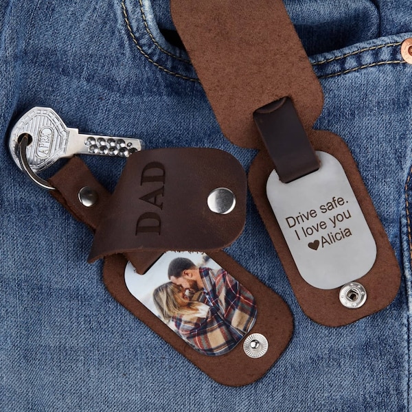 Mens leather key chain with photo, Personalized gift for him keychain for men keychain custom gift for him, wedding anniversary gift