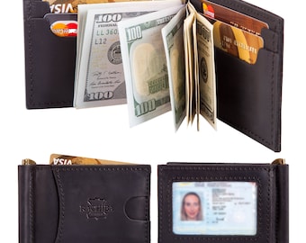 May include: A dark brown leather money clip wallet featuring a central metal clip holding US dollar bills, multiple card slots containing credit cards, and an exterior ID window. The wallet is embossed with the brand name RACHIBA.