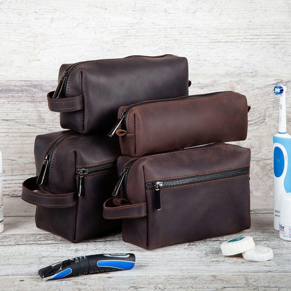 Personalized Leather Toiletry Bag, Waterproof Dopp Kit Travel Organizer