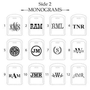 Puede incluir: Un gr&aacute;fico titulado Side 2 MONOGRAMS que muestra doce dise&ntilde;os de monogramas negros distintos sobre fondos rectangulares blancos. Cada dise&ntilde;o presenta estilos de letras &uacute;nicos, incluyendo cursiva, bloque y motivos circulares, numerados del uno al doce.