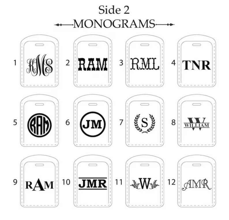 Puede incluir: Un gr&aacute;fico titulado Side 2 MONOGRAMS que muestra doce dise&ntilde;os de monogramas negros distintos sobre fondos rectangulares blancos. Cada dise&ntilde;o presenta estilos de letras &uacute;nicos, incluyendo cursiva, bloque y motivos circulares, numerados del uno al doce.