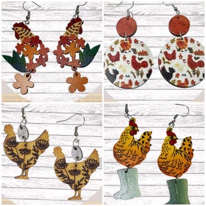 Animal Earrings, Chicken Earrings, Unique Earrings, Statement Earrings, Dangle Earrings, Fun Earring, Farm Animals, Chickens, Wood Earrings