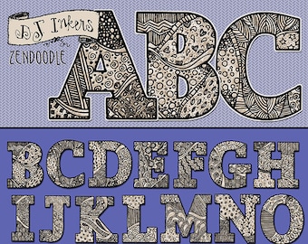 May include: A set of 26 alphabet letters in black and white with intricate doodle designs. Each letter is outlined in black and filled with a variety of patterns. The letters are on a purple background. The text "Beautiful letters for Monogram and Word art projects" is below the letters. The text "each letter in colour and b&w jpg & png files included" is below the text. The text "designed by dianne j. hook" is in the bottom right corner.