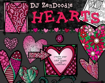 Hearts Zen-Doodle Clip Art for Love and Valentine&#39;s Day by DJ Inkers