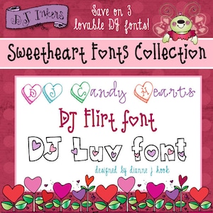 Puede incluir: Un diseño gráfico que presenta la "Sweetheart Fonts Collection" con varios estilos de fuente. El diseño incluye el texto "DJ Inkers" y "Save on 3 lovable DJ fonts!" con acentos en forma de corazón y un borde floral.