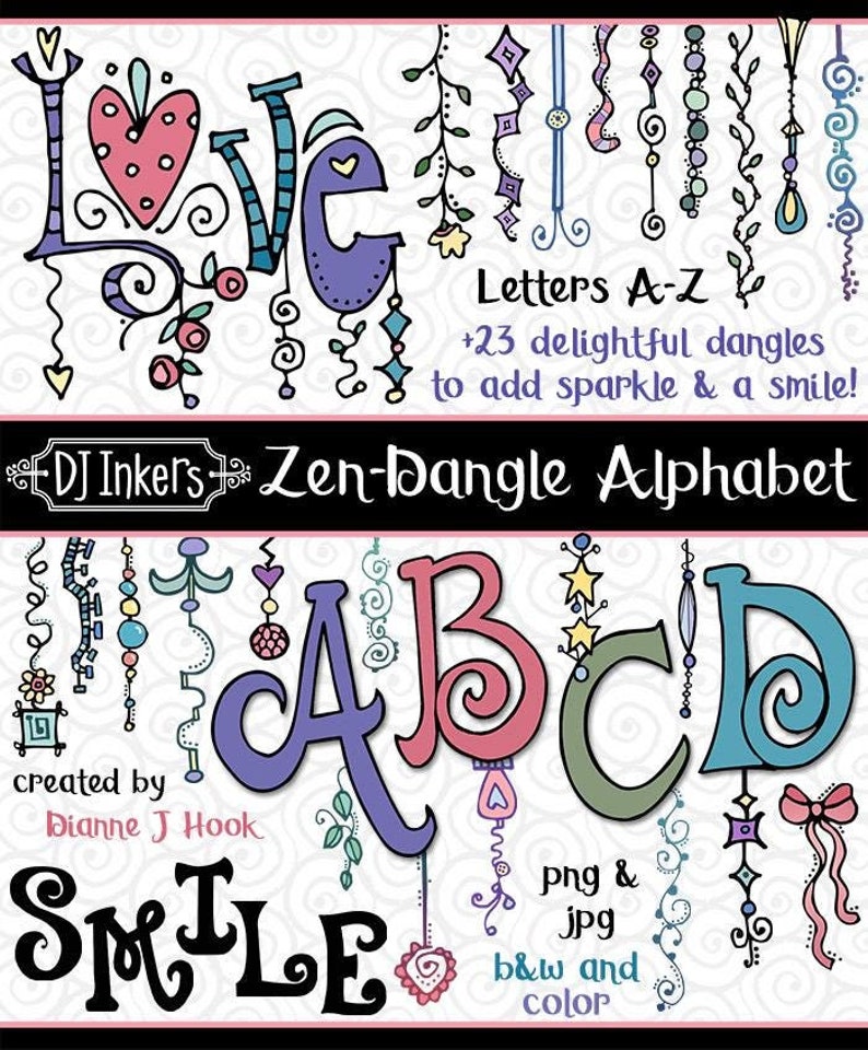 Zen Lettering Lines Zen-doodle Dangles Clip Art Alphabet - Monogram Letters and 23 ...