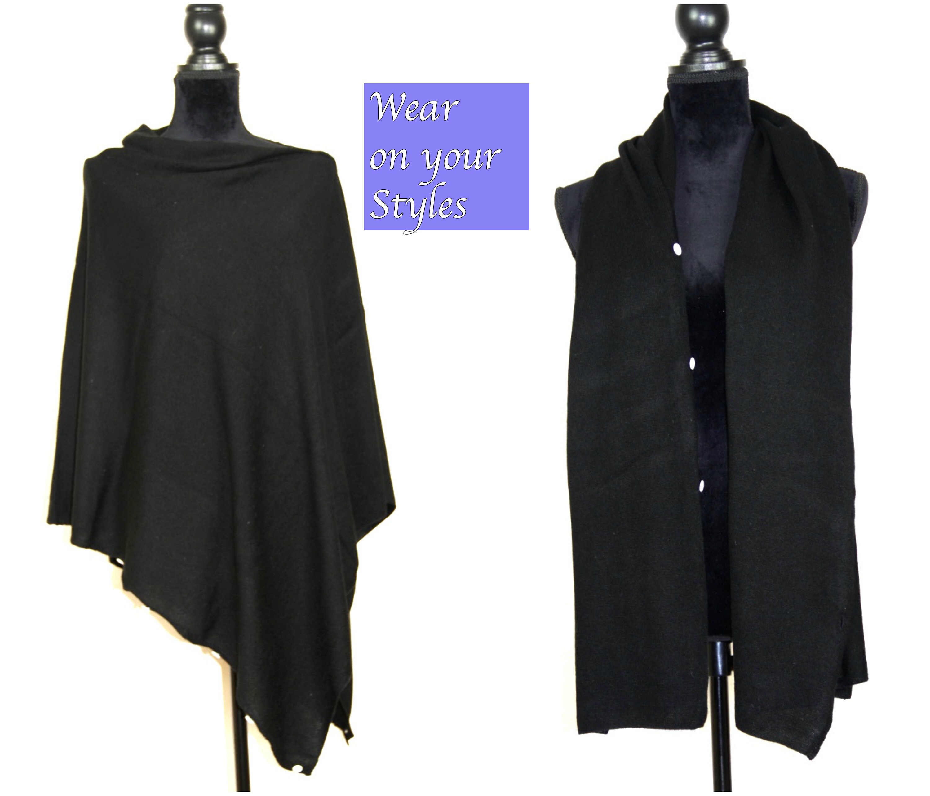 Image of Ladies Black Cashmere Cardigan Cape Wrap Poncho Scarf Shawl Pashmina Elegant Button