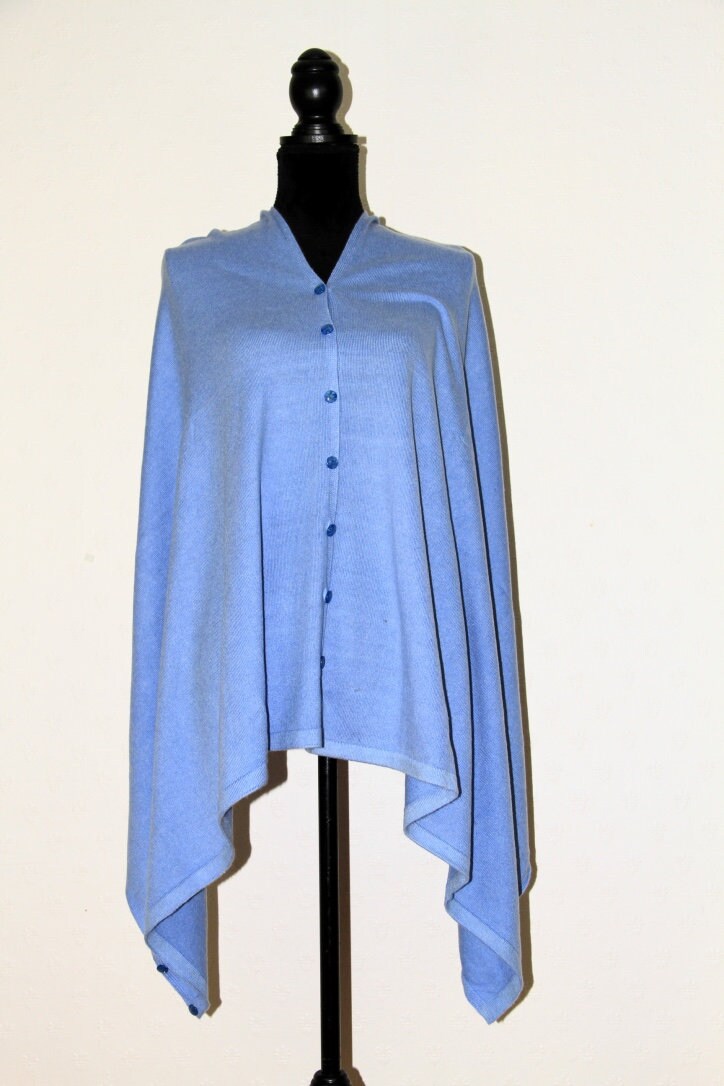 Image of Ladies Cashmere Poncho Cardigan Cape Wrap Scarf Shawl Pashmina Sky Blue Elegant Buttoned