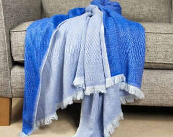 Royal Blue Thick Pashmina Wool Throws Blanket Scarf Handwoven Reversible Travel Meditation Wrap Oversized Shawl