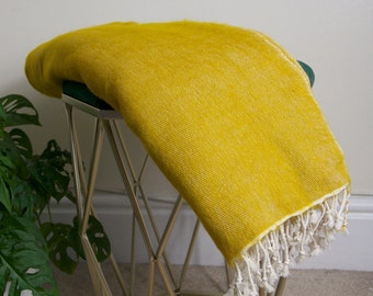Mustard Yellow Yak Wool Blend Blanket Travel Wrap Woollen Blanket Handmade Large Shawl Nepal Meditation Wrap