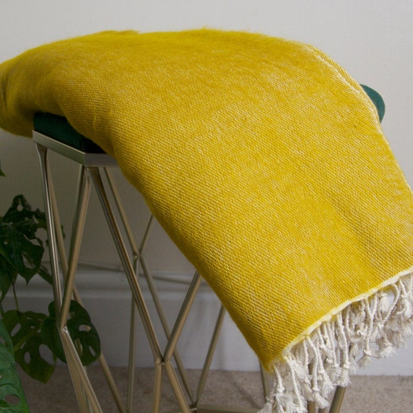 Mustard Yellow Yak Wool Blend Blanket Travel Wrap Woollen Blanket Handmade Large Shawl Nepal Meditation Wrap