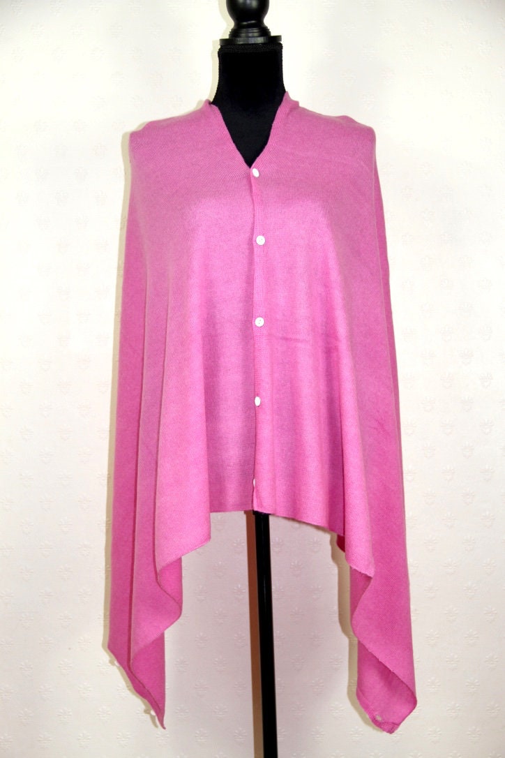 Image of Pink Cashmere Wrap Poncho Buttoned Scarf Wool Cape Ladies Pashmina Shawl Warm Handwoven Nepal