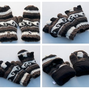 Wool Gloves Mittens Fleece Lining Convertible Handmade Knitted in Nepal Fingerless Unisex Gloves For Winter